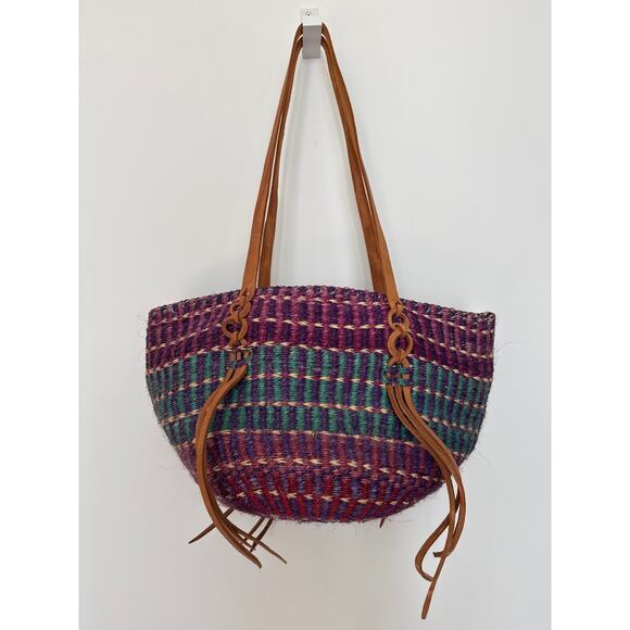 NWT Handwoven Purple & Teal Boho Retro Tote Bag with Leather Straps tassels - Picture 2 of 13